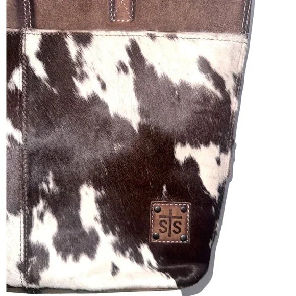 STS Ranchwear Cowhide & Leather Tote Bag With Pockets 18x13 Inches Brown & White - Picture 3 of 10